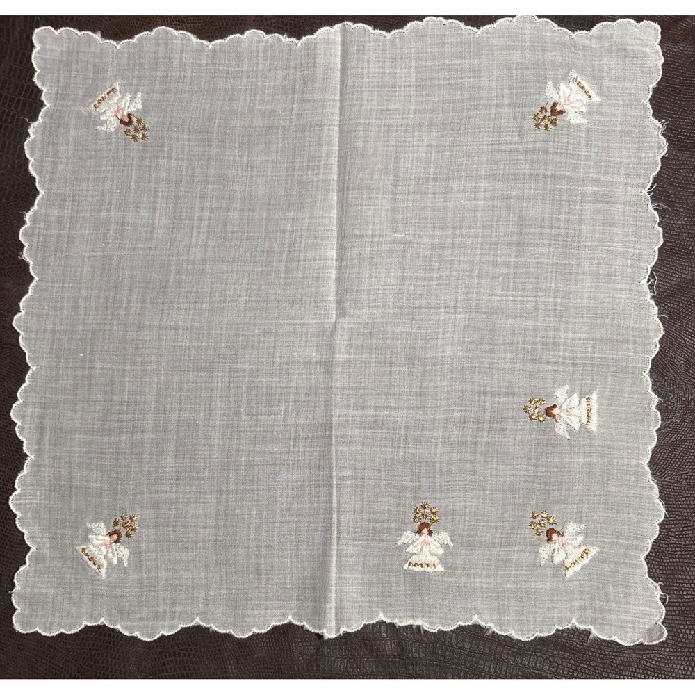 Embroidered‎ White Linen Angel Handkerchief Scalloped Edge